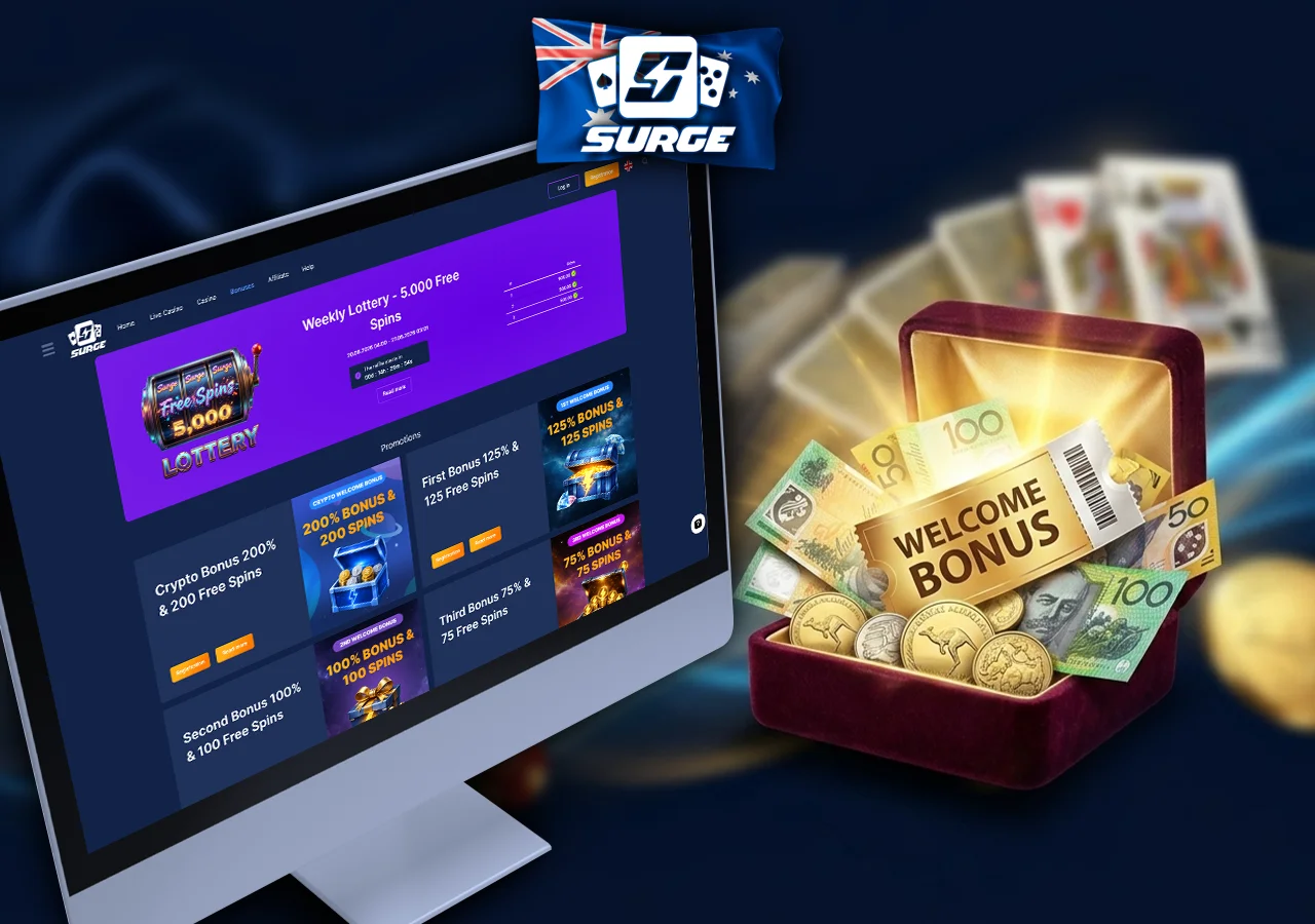 Generous welcome bonus package and ongoing promotions offered by Surge Casino.